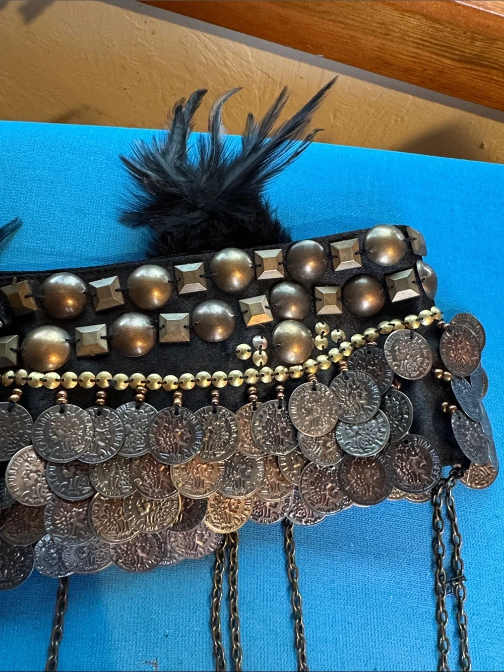 Black Beaded Coin Fringe Belly Belt with Feather Accents